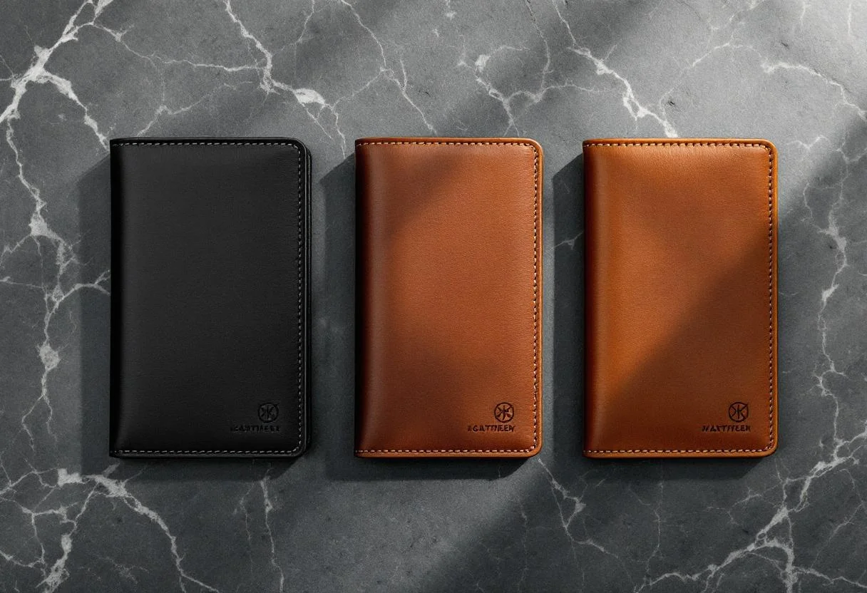 The Mark Wallet in Walnut, Onyx Black, and Cognac