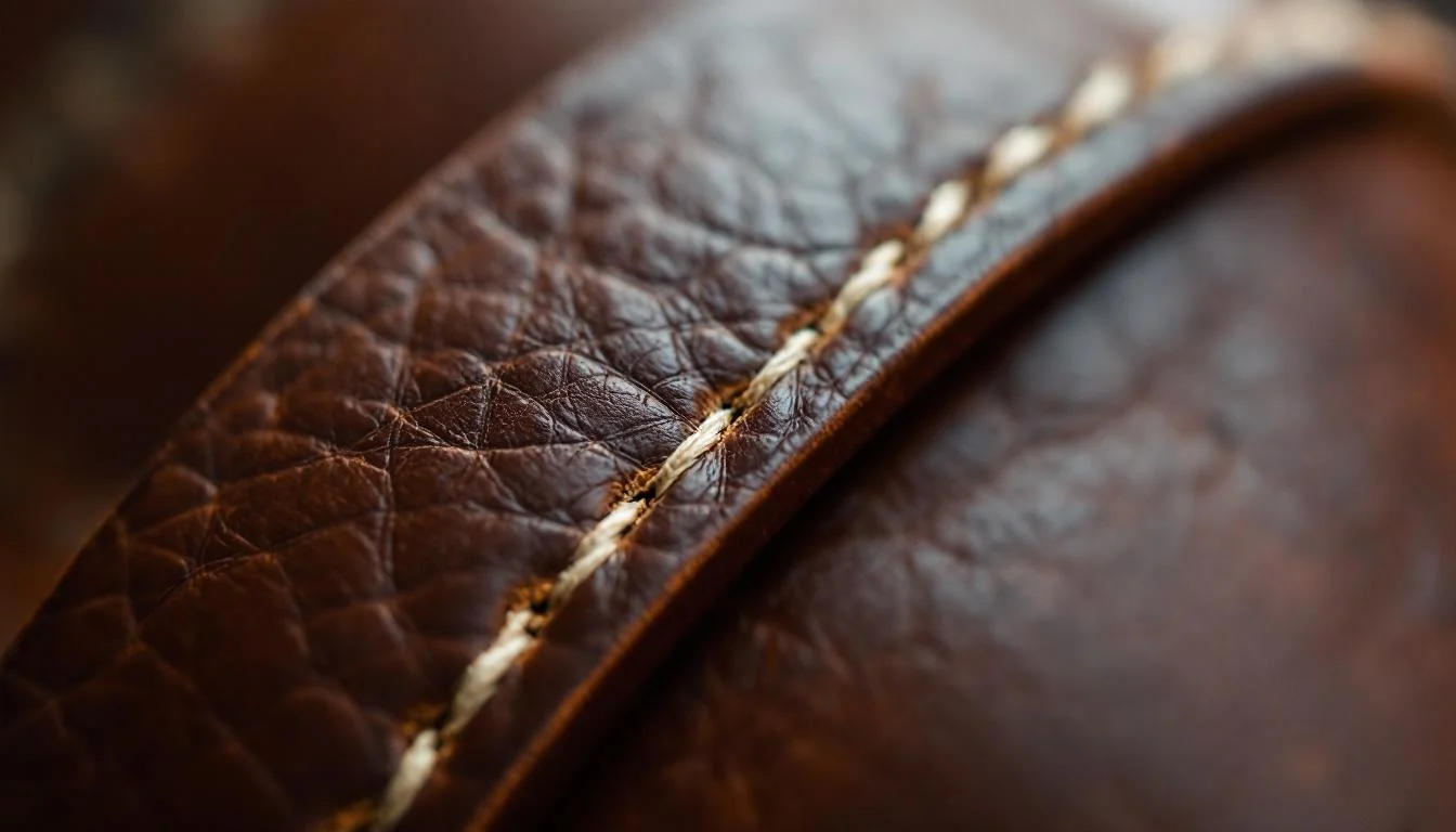 Close-up of full-grain leather with hand-stitched edges
